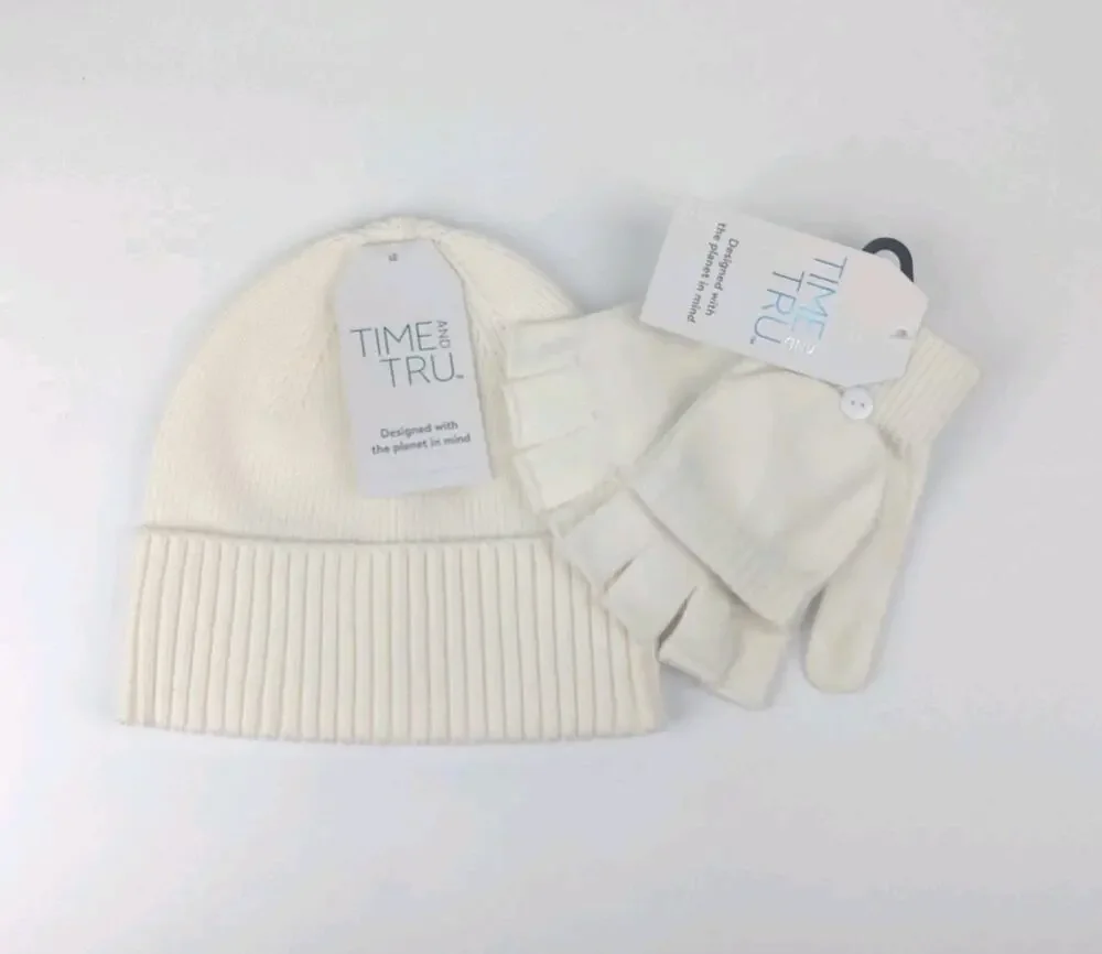 Time and Tru Women's Coordinate Beanie With Gloves, One Size Fits Most, White